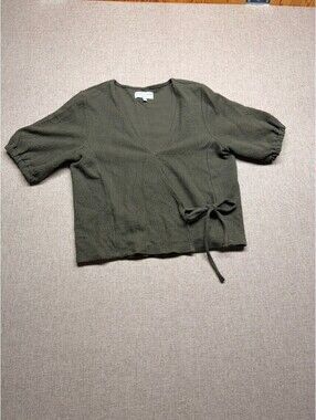 Madewell Texture & Thread Olive Green Side Wrap Top Short Sleeve Puff Small